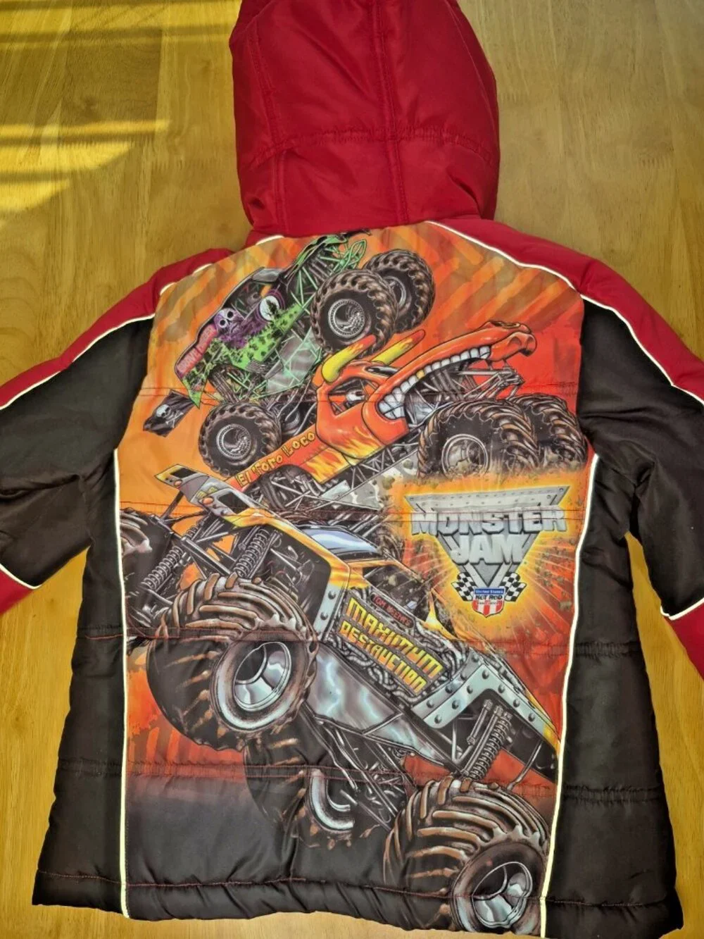 Monster Jam Kids Puffer Jacket Red Black Hooded Size M (8) – 2012 Monster Trucks